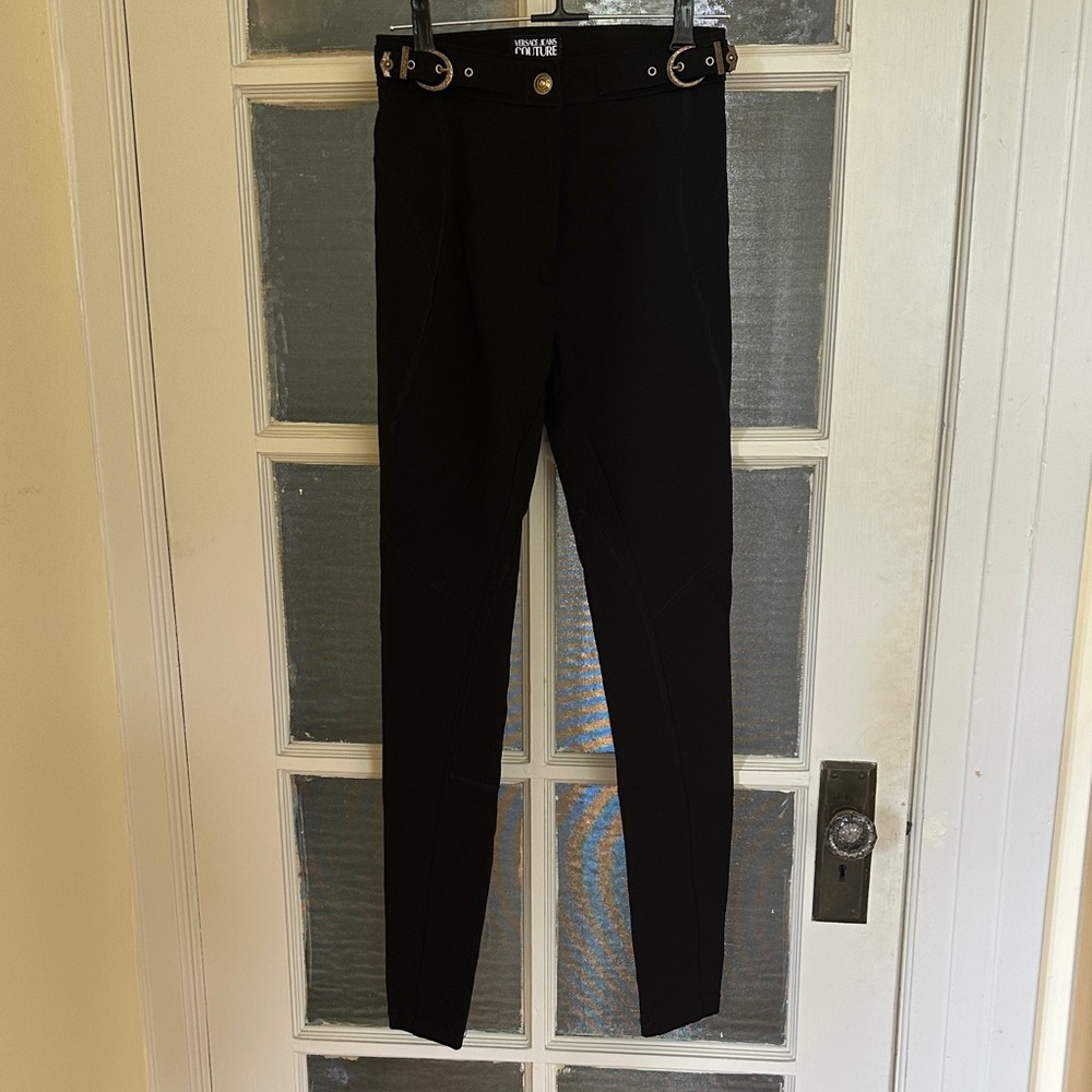 Versace Jeans Couture Black Ponte Pants with Gold Button and Buckles